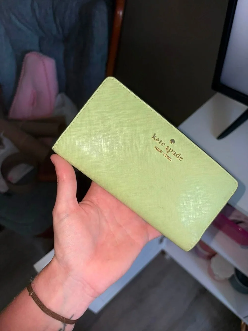 kate spade lime green zip-around wallet with gold logo